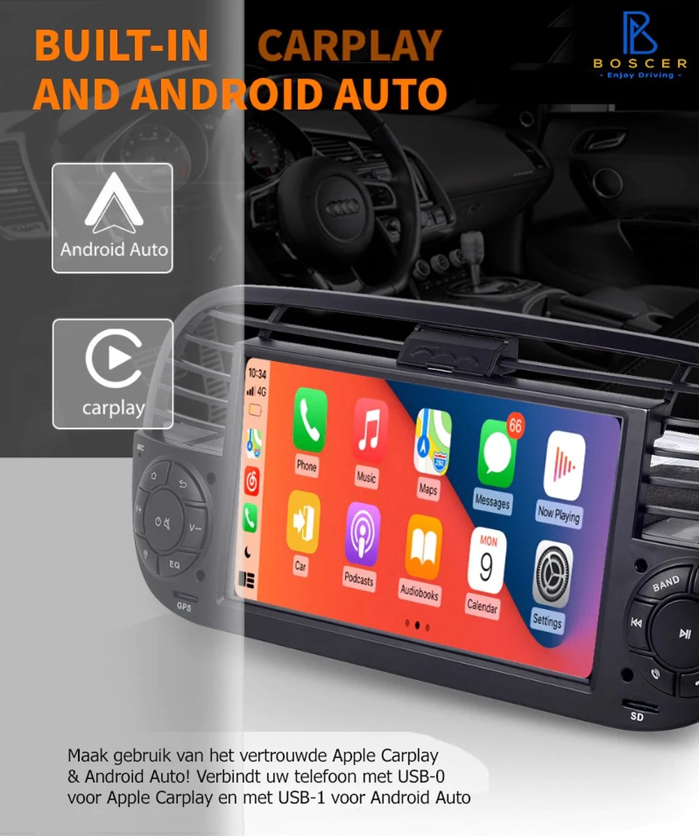 Boscer® Autoradio Fiat 500 2007-2015 - Apple Carplay & Android Auto - Android 11 - 7'' Navigatiesysteem - Zwart - Achteruitrijcamera 5 Boscer® Autoradio Fiat 500 2007-2015 - Apple Carplay & Android Auto - Android 11 - 7'' Navigatiesysteem - Zwart - Achteruitrijcamera - Afbeelding 3