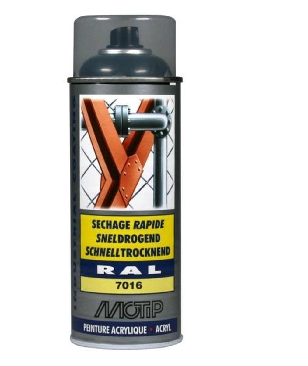 Motip Industrial Acryllak Hoogglans RAL 7016 Antraciet Grijs - 400 Ml. 3 Motip Industrial Acryllak Hoogglans RAL 7016 Antraciet Grijs - 400 Ml.