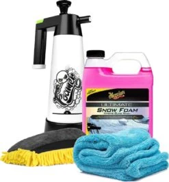 Meguiars Ultimate SnowFoam Set Bestaande Uit; Ulimate SnowFoam 946 Ml, Washmitt Met Drie Functie, Top Kwaliteit Droogdoek 50x80 Cm 1400 Gsm. Kwazar Foamer 2 Ltr