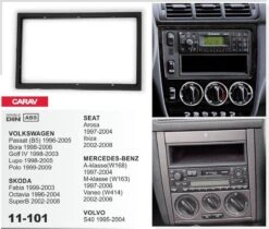 Merkloos 2-DIN SKODA Fabia 1999-2003; Octavia 1996-2004; SuperB 2002-2008 / VOLKSWAGEN Passat (B5) 1996-2005; Bora 1998-2006; Golf IV 1998-2003; Lupo 1998-2005; Polo 1999-2009 / Inbouwpaneel Audiovolt 11-101