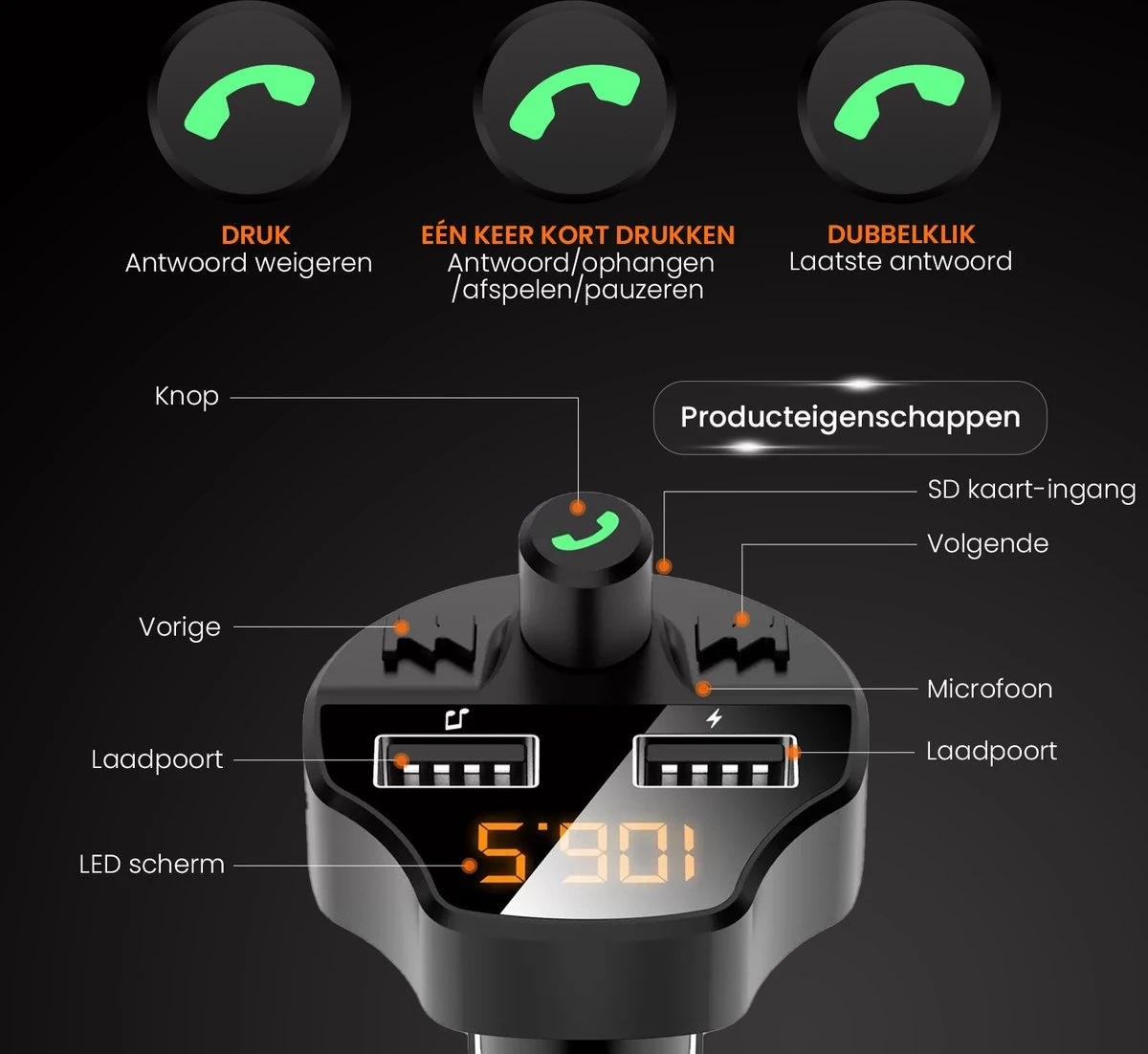 Apeiron Auto FM Transmitter - Bluetooth - Handsfree Bellen - USB - Carkit - Audio Receiver - Oplaadfunctie - Auto Accessoires 8 Apeiron Auto FM Transmitter - Bluetooth - Handsfree Bellen - USB - Carkit - Audio Receiver - Oplaadfunctie - Auto Accessoires - Afbeelding 6