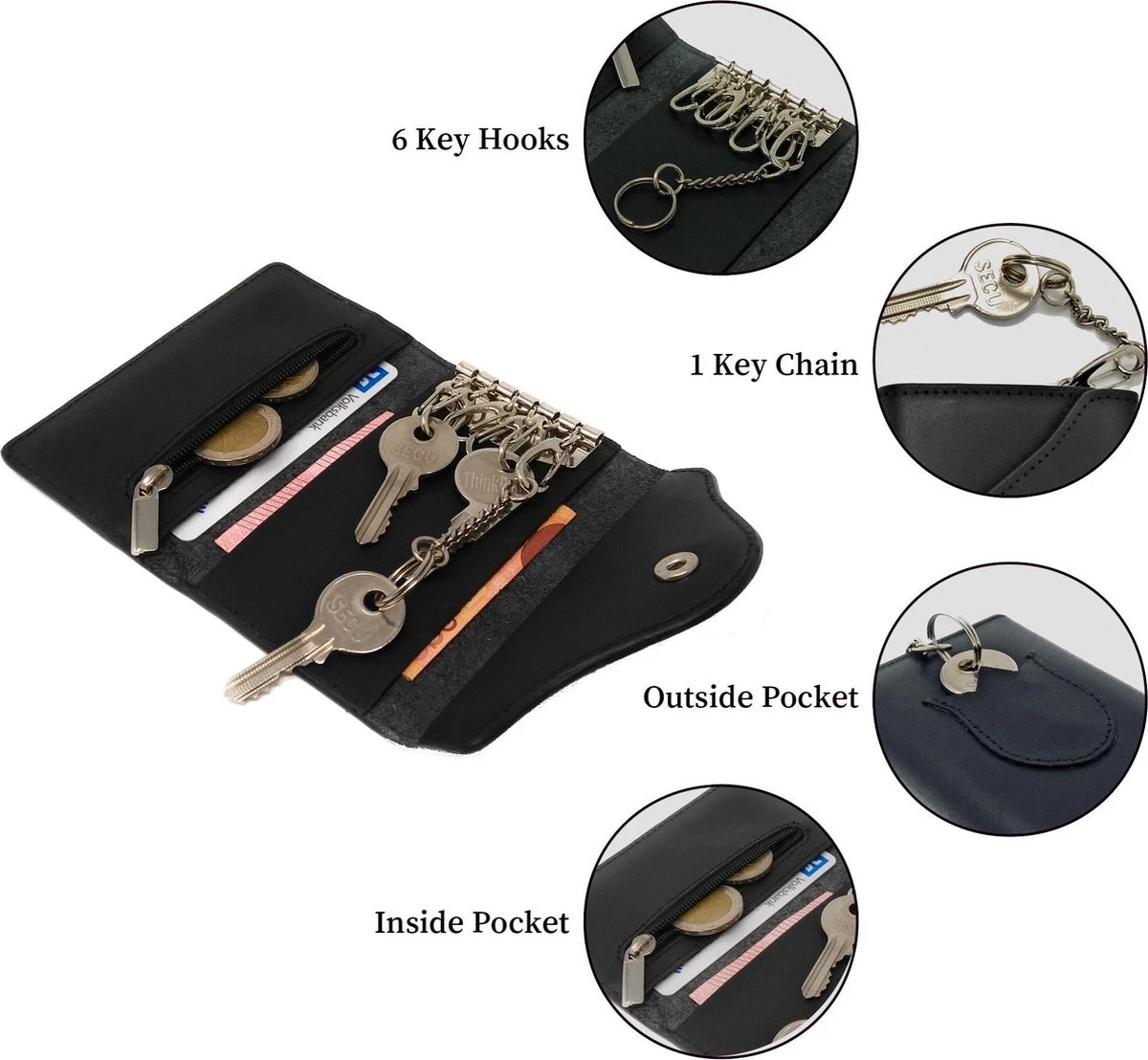Su.B.dgn - Leren Sleuteletui - Sleutelmapje - Met Pasjeshouder En Ritsvakje Voor Muntgeld - Zwart 7 Su.B.dgn - Leren Sleuteletui - Sleutelmapje - Met Pasjeshouder En Ritsvakje Voor Muntgeld - Zwart - Afbeelding 5