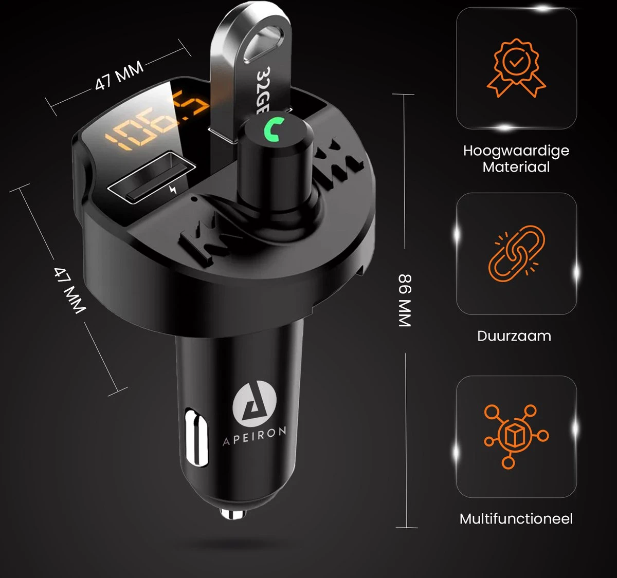 Apeiron Auto FM Transmitter - Bluetooth - Handsfree Bellen - USB - Carkit - Audio Receiver - Oplaadfunctie - Auto Accessoires 5 Apeiron Auto FM Transmitter - Bluetooth - Handsfree Bellen - USB - Carkit - Audio Receiver - Oplaadfunctie - Auto Accessoires - Afbeelding 3