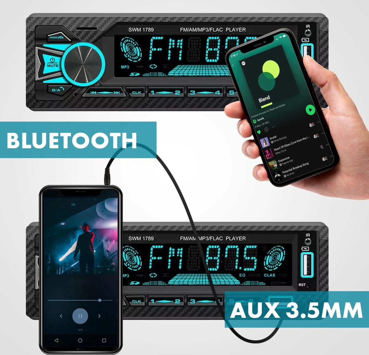 Jume Autoradio Met Bluetooth / FM / Aux – Auto Radio – Enkel Din 4 Jume Autoradio Met Bluetooth / FM / Aux – Auto Radio – Enkel Din - Afbeelding 2
