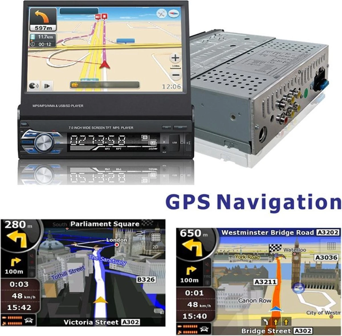 TechU™ T47 Autoradio Met Uitklap Scherm – 1 Din 7 Inch + Afstandsbediening – Bluetooth – USB – AUX – FM Radio – GPS Navigatie – Handsfree Bellen – Autoradio Met Scherm 11 TechU™ T47 Autoradio Met Uitklap Scherm – 1 Din 7 Inch + Afstandsbediening – Bluetooth – USB – AUX – FM Radio – GPS Navigatie – Handsfree Bellen – Autoradio Met Scherm - Afbeelding 9