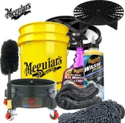 Meguiars 8 Delige Carcare Set Met Grit Guard Trolly, Emmer, Grit, Gamma Seal, Velgenborstel, Hot Rims Wheel Cleaner, Wash Plus Shampoo, Wash Mitt, Microfiber Droogdoek 40x40 Cm. 1400 Gsm