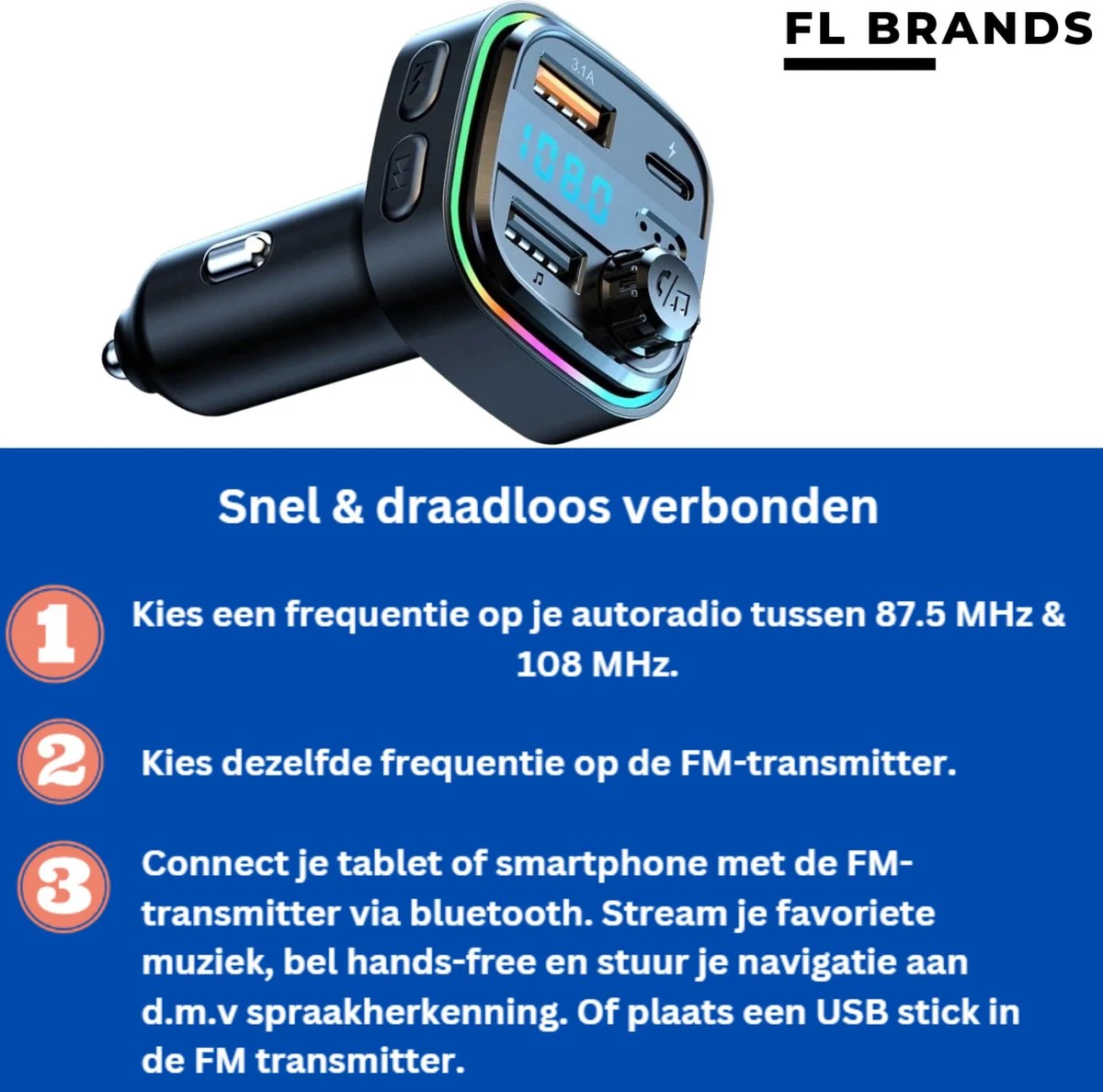 Bluetooth FM Transmitter - Auto Snel Lader - Carkit - Handsfree - Autoradio 8 Bluetooth FM Transmitter - Auto Snel Lader - Carkit - Handsfree - Autoradio - Afbeelding 6