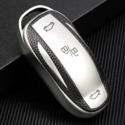 Merkloos TPU Sleutelcover - Tesla - Sleutelhoesje Voor Tesla Model 3 / Model S / Model Y - Zilvergrijs En Zwart Leer - Flexibele Sleutel Cover - Zacht Hoesje - Auto Accessoires