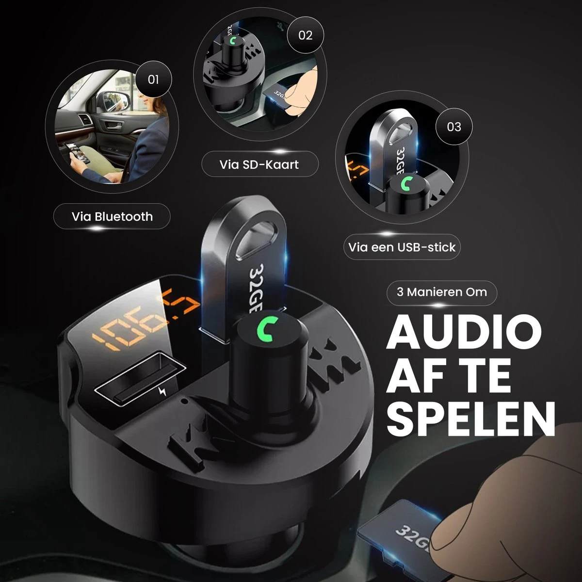 Apeiron Auto FM Transmitter - Bluetooth - Handsfree Bellen - USB - Carkit - Audio Receiver - Oplaadfunctie - Auto Accessoires 6 Apeiron Auto FM Transmitter - Bluetooth - Handsfree Bellen - USB - Carkit - Audio Receiver - Oplaadfunctie - Auto Accessoires - Afbeelding 4