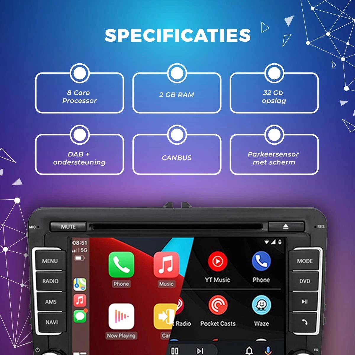 Autoradio Met Bluetooth & Achteruitrijcamera - Auto Navigatie Voor Volkswagen Seat & Skoda - Apple Carplay & Android Auto - Navigatiesysteem Met FM Radio 4 Autoradio Met Bluetooth & Achteruitrijcamera - Auto Navigatie Voor Volkswagen Seat & Skoda - Apple Carplay & Android Auto - Navigatiesysteem Met FM Radio - Afbeelding 2