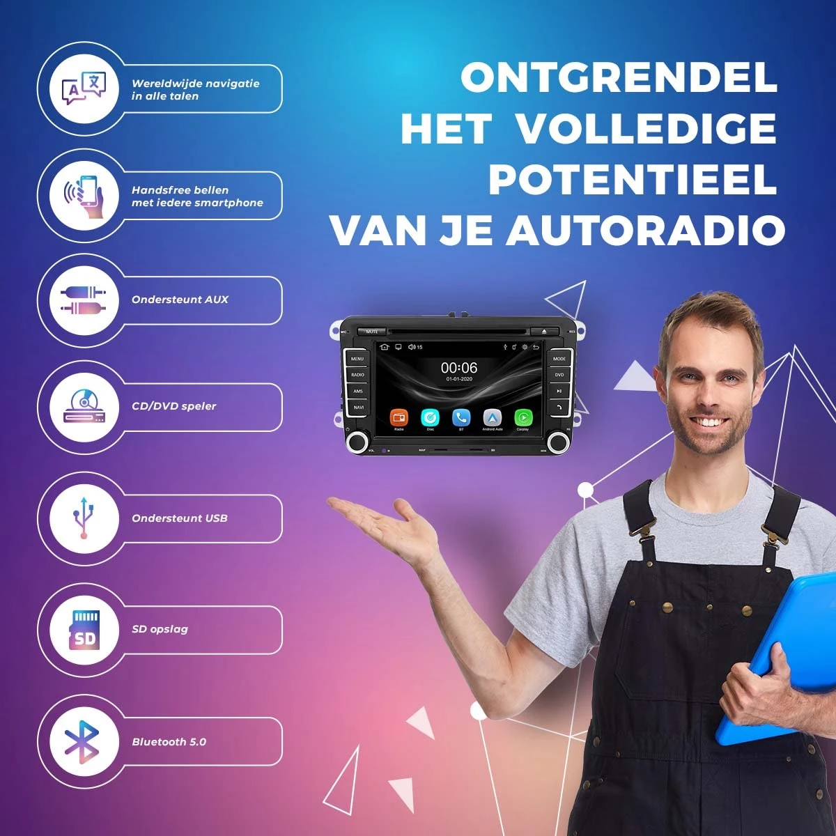 Autoradio Met Bluetooth & Achteruitrijcamera - Auto Navigatie Voor Volkswagen Seat & Skoda - Apple Carplay & Android Auto - Navigatiesysteem Met FM Radio 9 Autoradio Met Bluetooth & Achteruitrijcamera - Auto Navigatie Voor Volkswagen Seat & Skoda - Apple Carplay & Android Auto - Navigatiesysteem Met FM Radio - Afbeelding 7