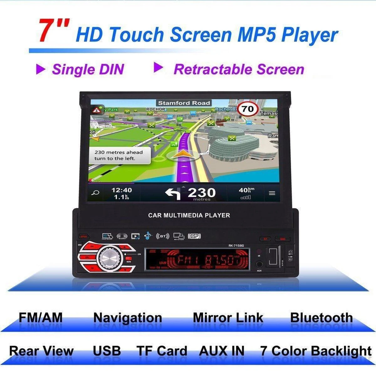 TechU™ T47 Autoradio Met Uitklap Scherm – 1 Din 7 Inch + Afstandsbediening – Bluetooth – USB – AUX – FM Radio – GPS Navigatie – Handsfree Bellen – Autoradio Met Scherm 6 TechU™ T47 Autoradio Met Uitklap Scherm – 1 Din 7 Inch + Afstandsbediening – Bluetooth – USB – AUX – FM Radio – GPS Navigatie – Handsfree Bellen – Autoradio Met Scherm - Afbeelding 4