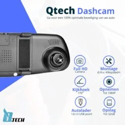 Qtech Dual Dashcam Voor Auto - Voor En Achter Camera - Spiegel - Full HD - 32GB - G Sensor - Bewegingsdetectie En Parkeerstand - Nederlandse Handleiding -Auto-Onderdelenwinkel 1200x1200 743