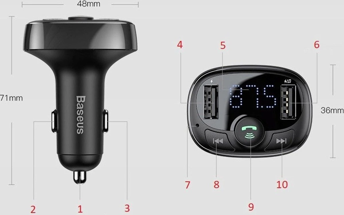 Baseus Baseus Bluetooth Muziek FM Transmitter En Dubbele USB Poort Autolader 4 Baseus Baseus Bluetooth Muziek FM Transmitter En Dubbele USB Poort Autolader - Afbeelding 2