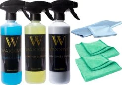 Waxximo COMBIDEAL Leer Reiniging Set + 2 Microvezeldoeken + 2 Glasdoeken - Interieur Reiniger Auto - Leer Reiniging - Vlekken Verwijderraar - Cockpitspray Glans - Glas Reiniger - Dashboard Schoonmaken - Leder Bekleding Reinigen