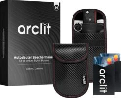 Arclit® | 2x Autosleutel RFID Anti-Diefstal Beschermhoes + 2x RFID Kaarthouders | 2Pack | Keyless Entry Beveiliging Hoesje | Signaal Blokkerende Beschermhoes | Voordeelverpakking | Carbon | Maat M