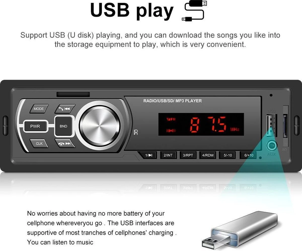 TechU™ Autoradio T138 – 1 Din Met Afstandsbediening – FM Radio – Bluetooth 5.0 – USB – AUX – SD – Handsfree Bellen 7 TechU™ Autoradio T138 – 1 Din Met Afstandsbediening – FM Radio – Bluetooth 5.0 – USB – AUX – SD – Handsfree Bellen - Afbeelding 5