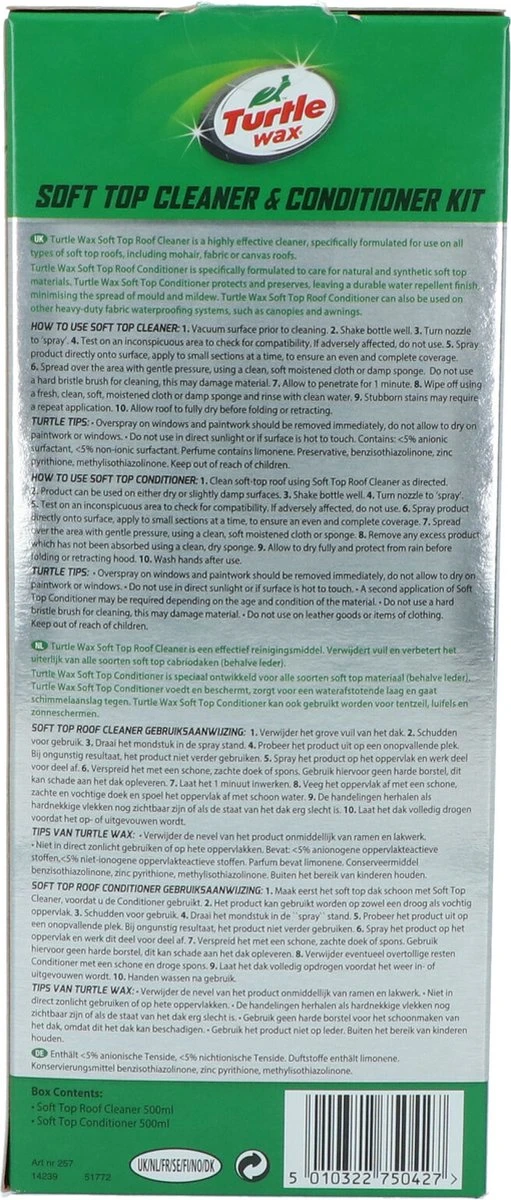 Turtle Wax Green Line Soft Top Kit 2x500ml | Soft Top Cleaner & Conditioner Kit 6 Turtle Wax Green Line Soft Top Kit 2x500ml | Soft Top Cleaner & Conditioner Kit - Afbeelding 4